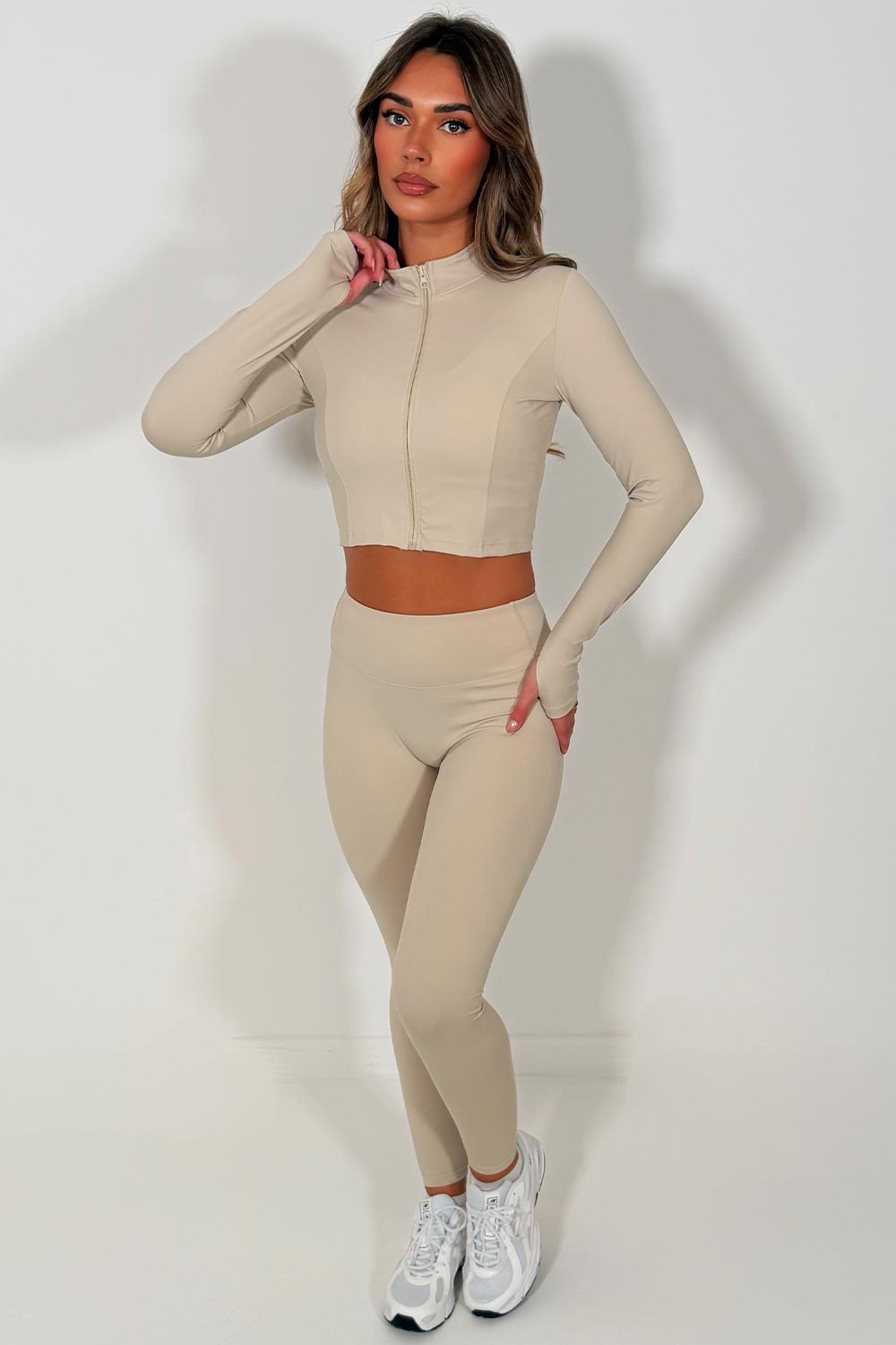 womens beige zip up sports track jacket bralette and seamless leggings 3 piece co ord set lululemon yoga activewear outfit