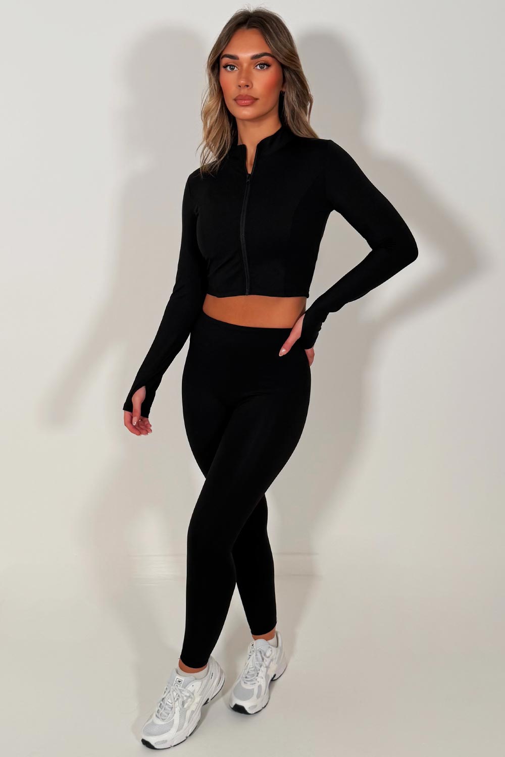 womens black zip up sports track jacket bralette and seamless leggings 3 piece co ord set lululemon yoga activewear outfit