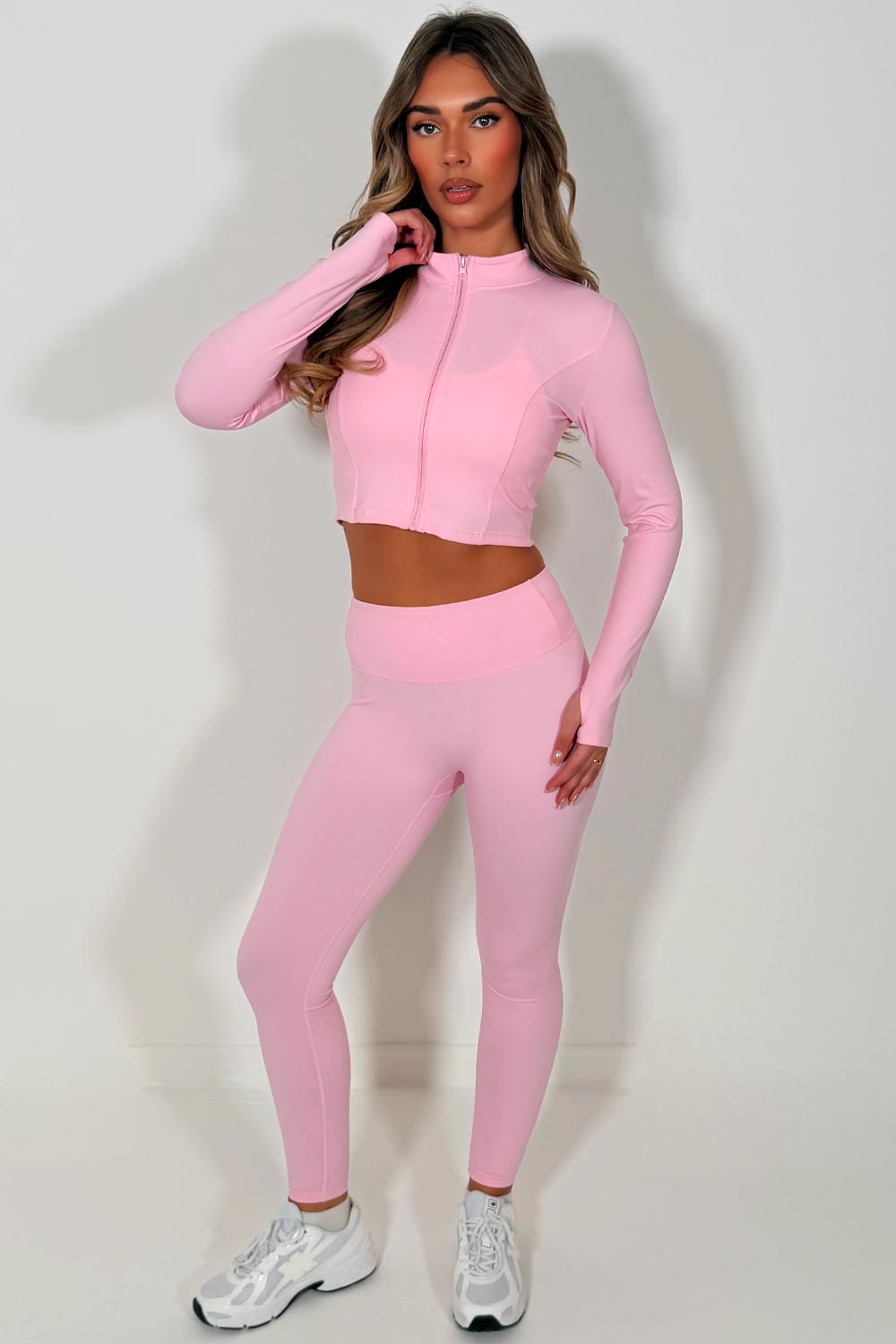 womens pink zip up sports track jacket bralette and seamless leggings 3 piece co ord set lululemon yoga activewear outfit