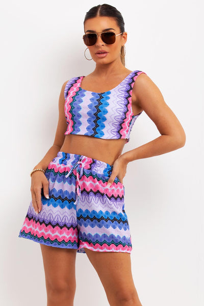 Women's Crop Top Shorts Summer Co Ord Blue Tribal Print Holiday Outfit –