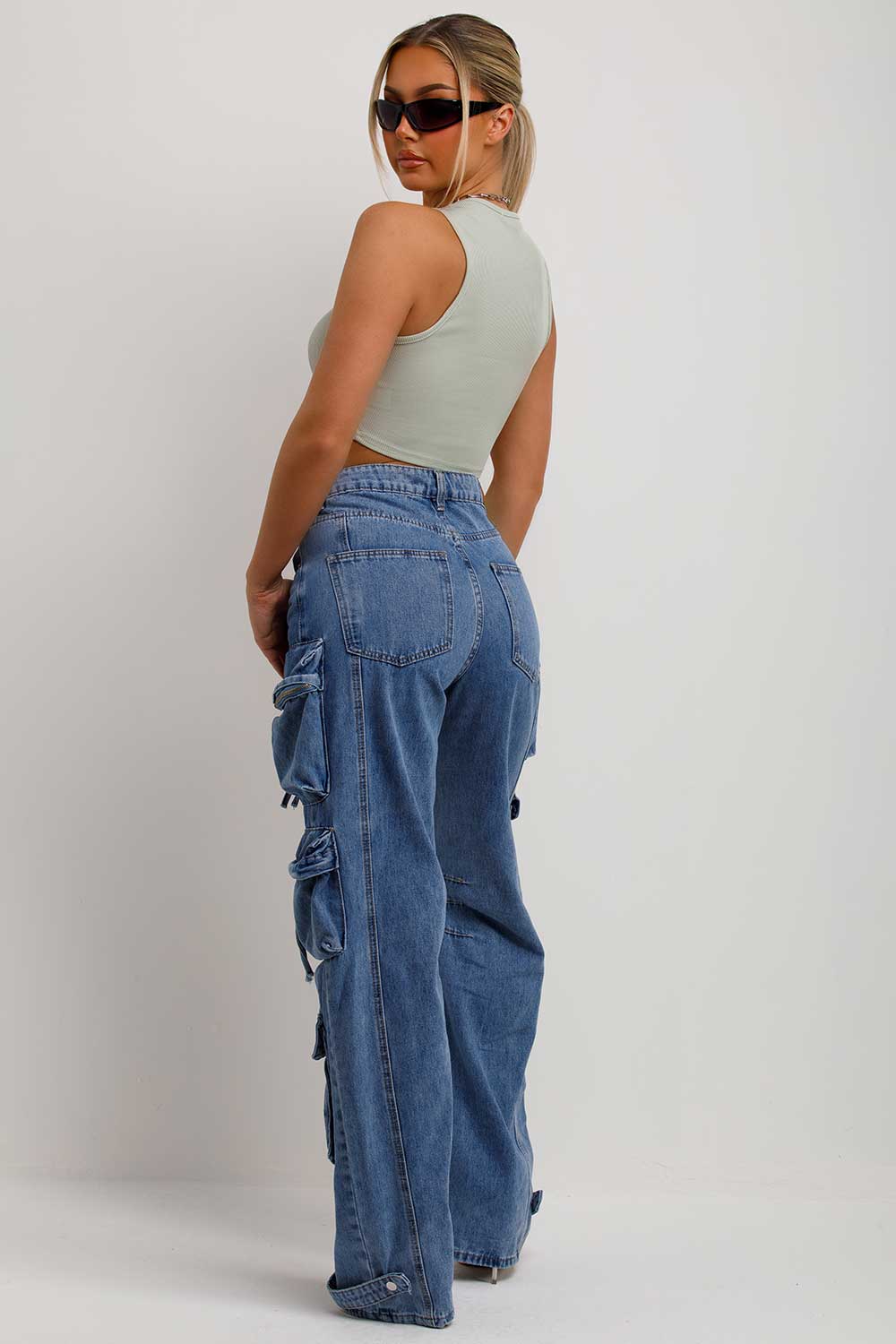 womens wide leg cargo pocket jeans