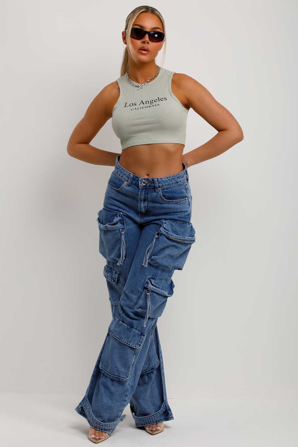 wide leg cargo pocket denim jeans