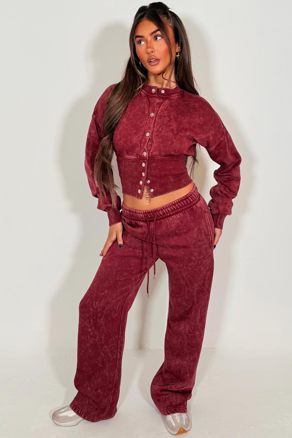 womens button up compress waist crop tracksuit acid wash burgundy styledup airport outfit travelling clothes styledup