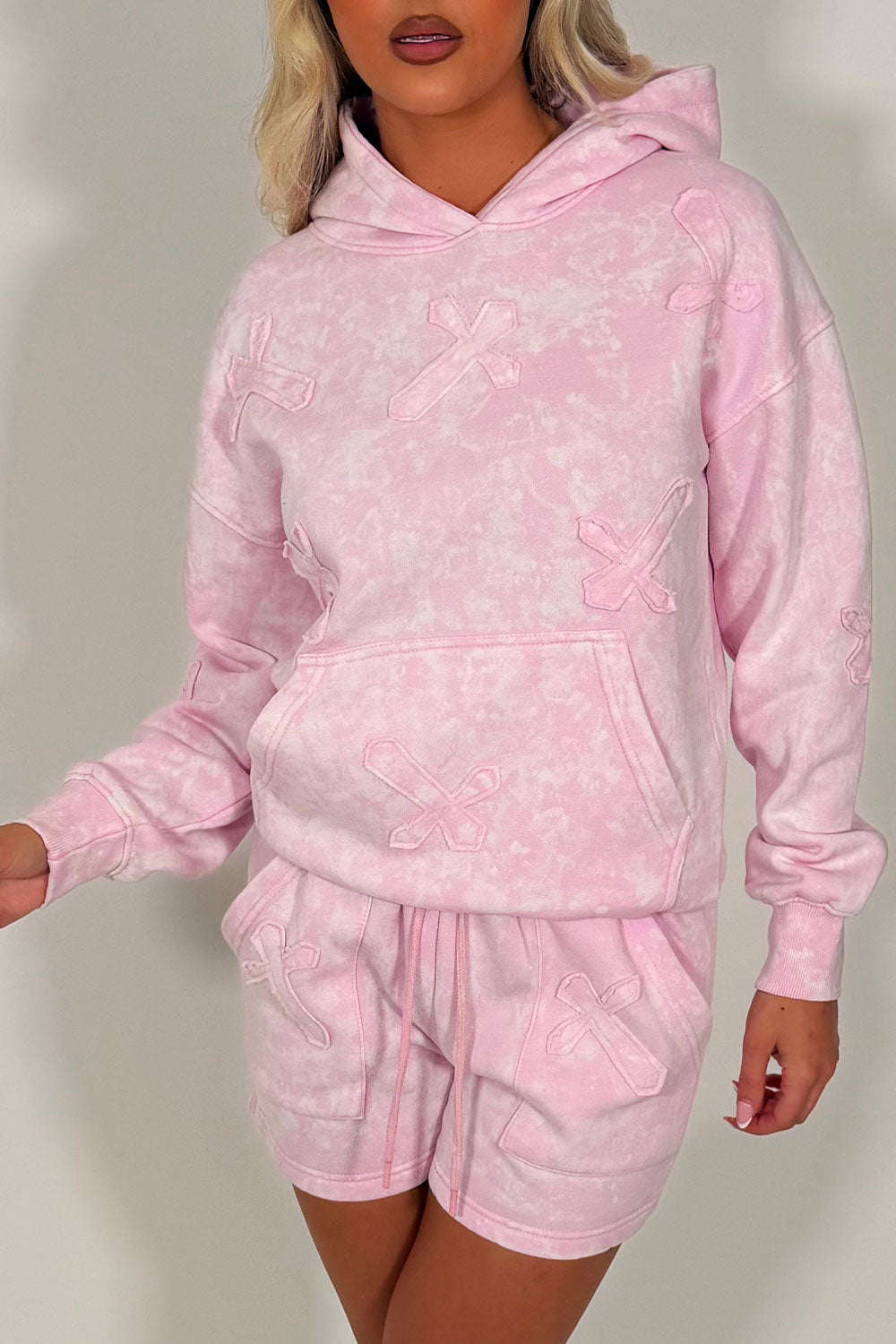 cross applique hoodie and shorts tracksuit for womens styledup uk