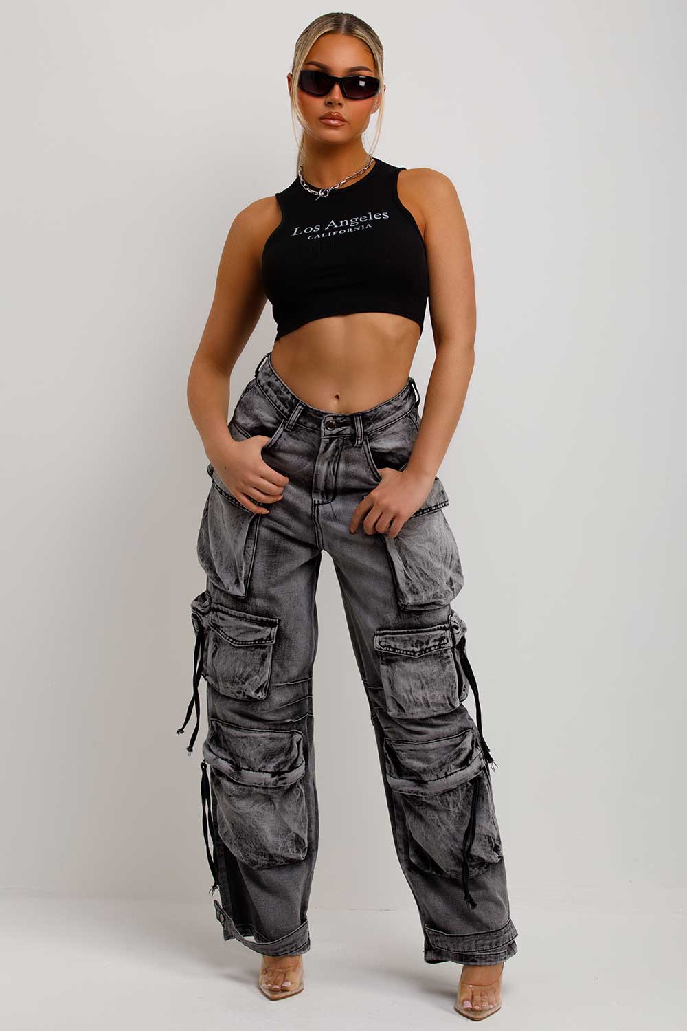 womens wide leg cargo jeans with pockets