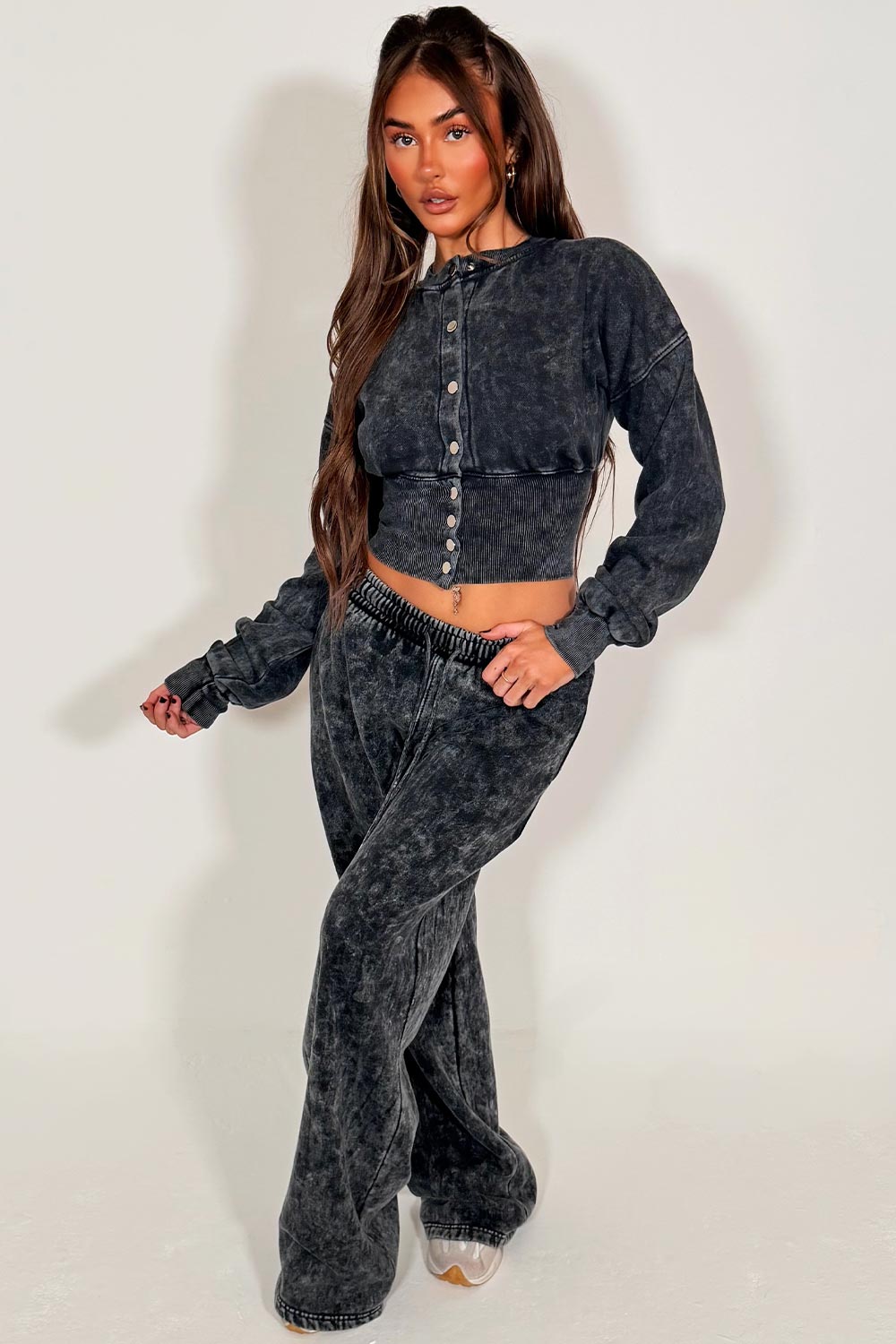 womens button up waist compress crop sweatshirt and joggers loungewear co ord acid wash set styledup casual comfy airport outfit set