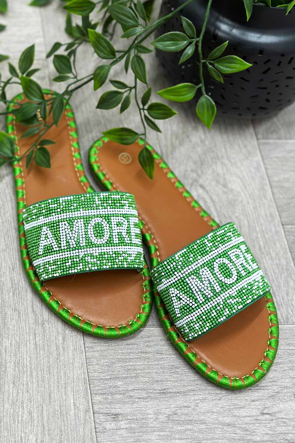 womens slip on slider sandals with amore beads