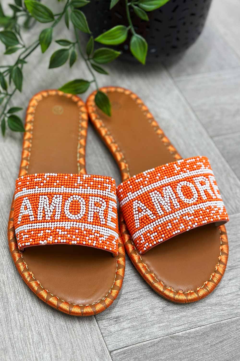 amore beaded slip on slider sandals womens