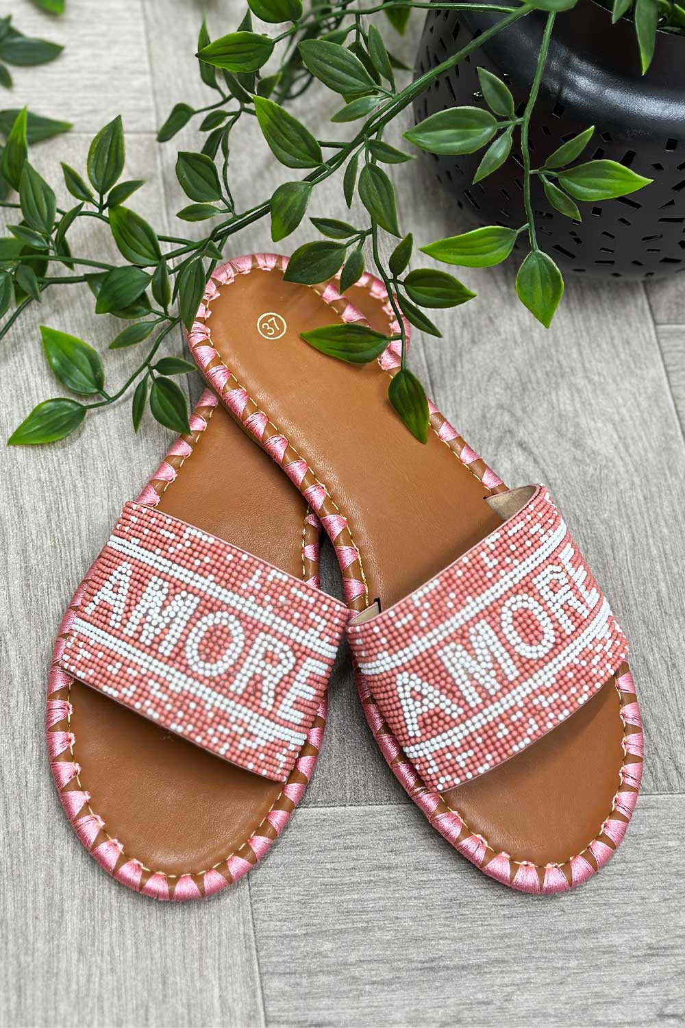 womens beaded slip on slider sandals