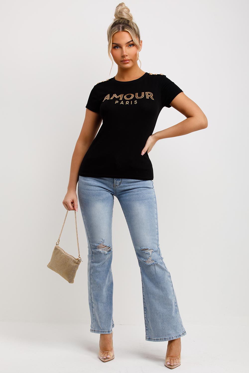 gold button amour paris t shirt womens