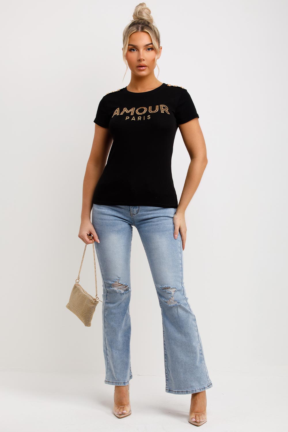 amour paris gold button diamante t shirt