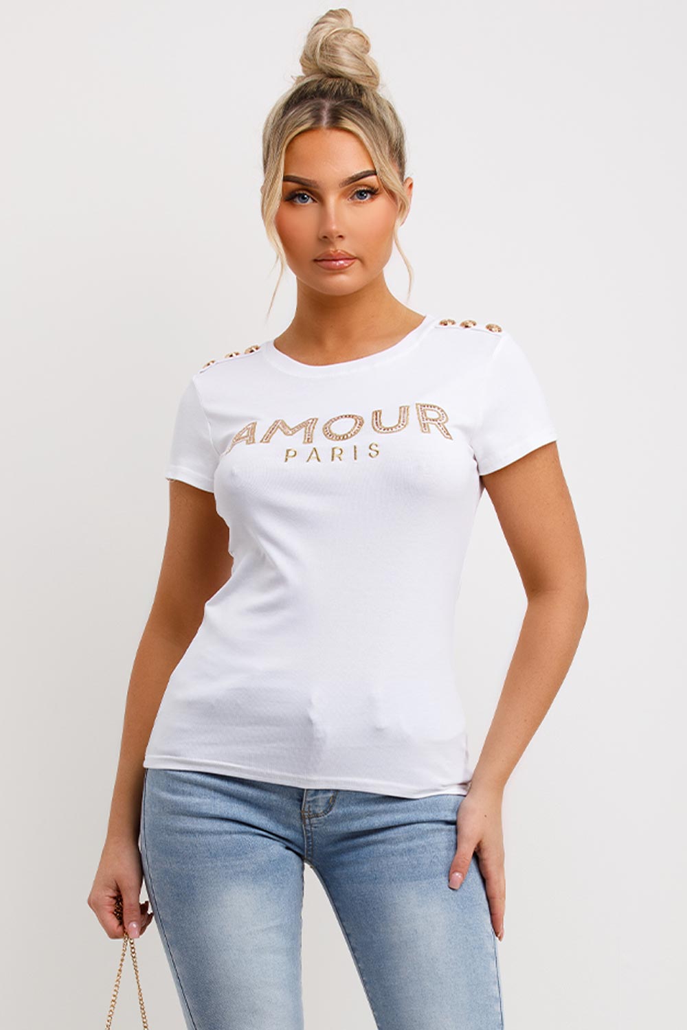 diamante amour paris gold button t shirt white