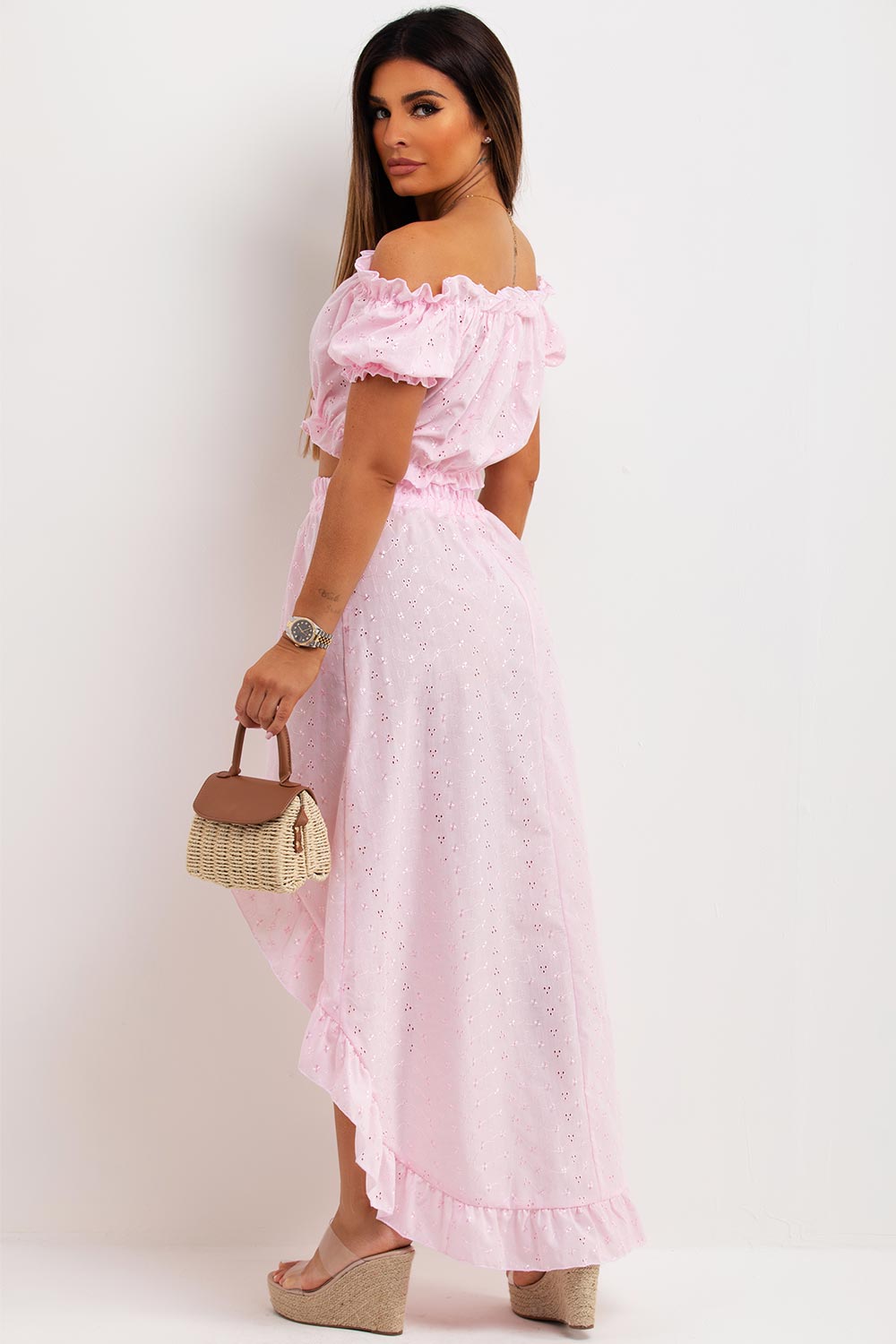 broderie anglaise high low skirt and bardot top co ord set