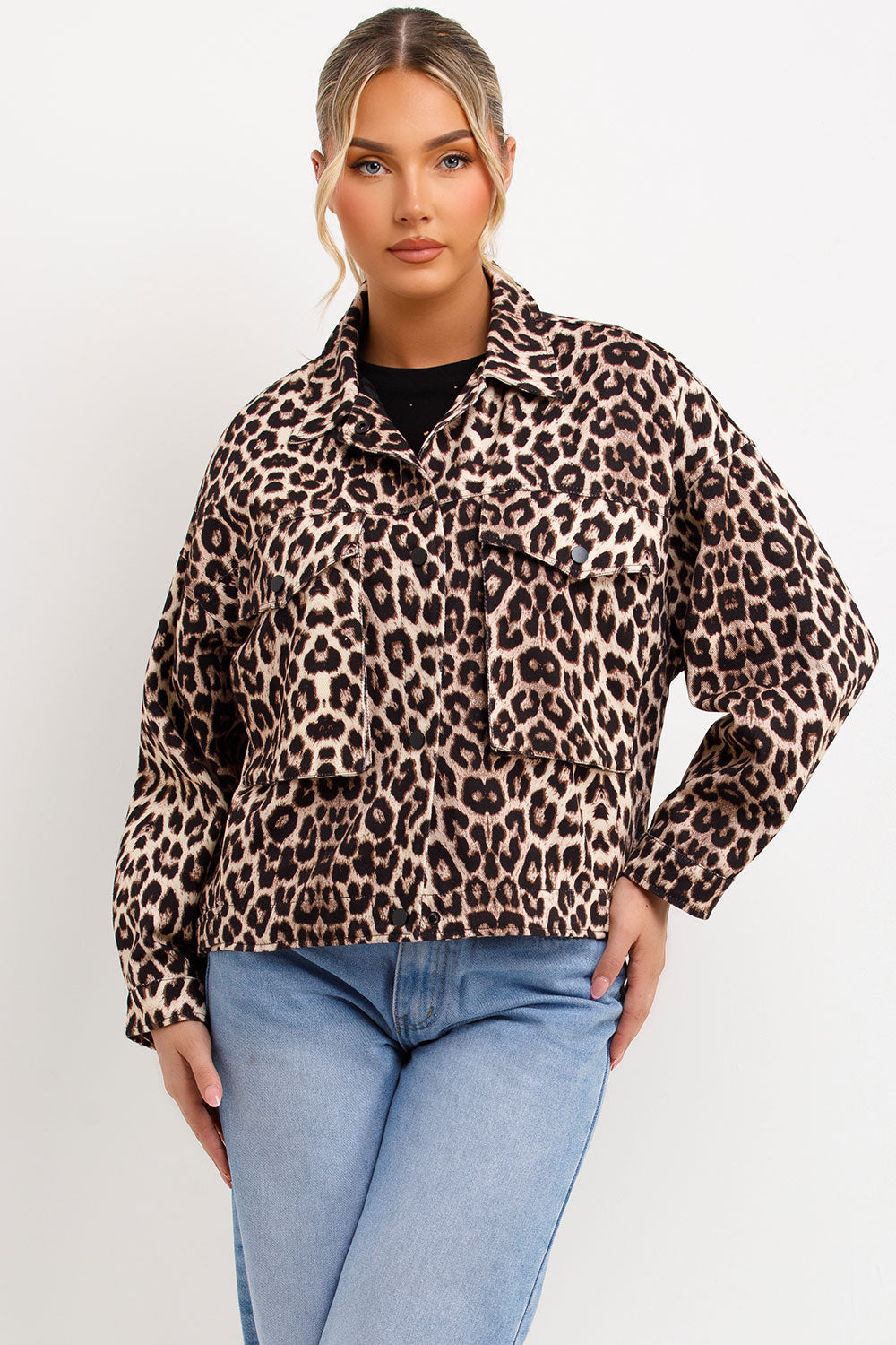 womens leopard print trucker jacket with button front