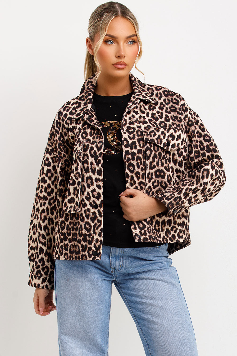womens leopard print jacket with button fastening
