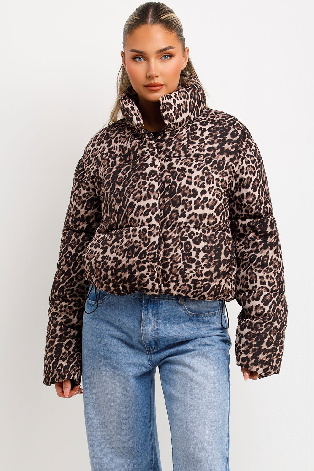 animal print puffer padded jacket with zip and button fastening