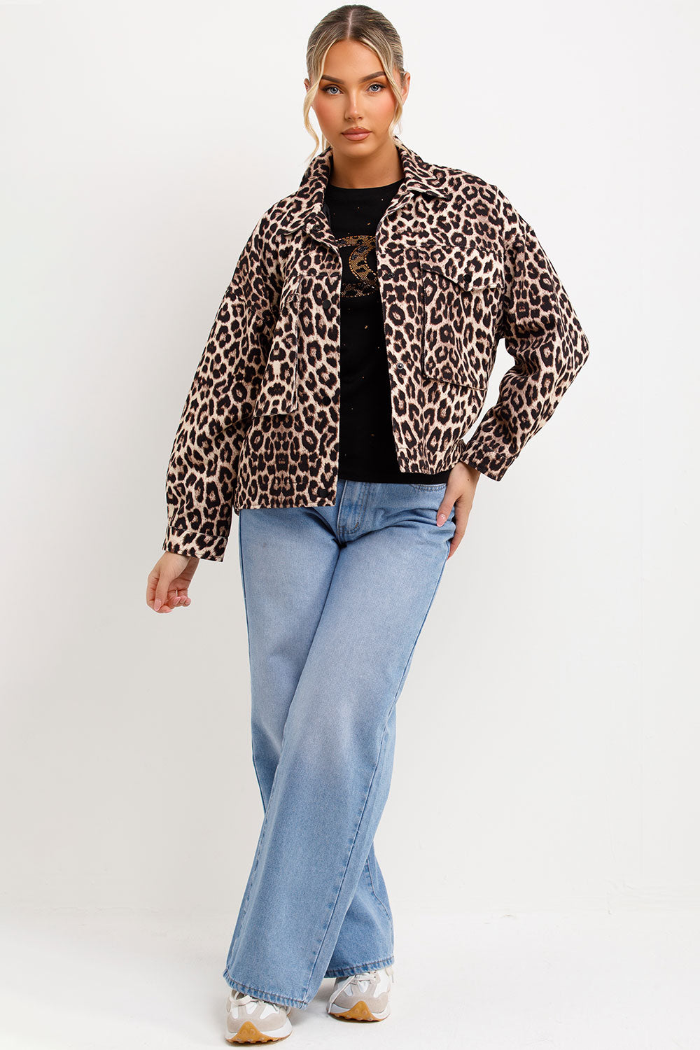 womens leopard print front pocket jacket