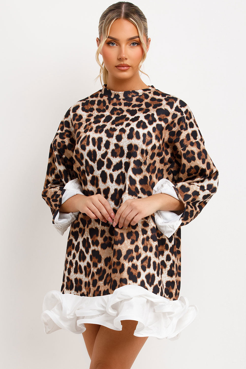 womens sweatshirt leopard print dress with frill hem going out new year outfit