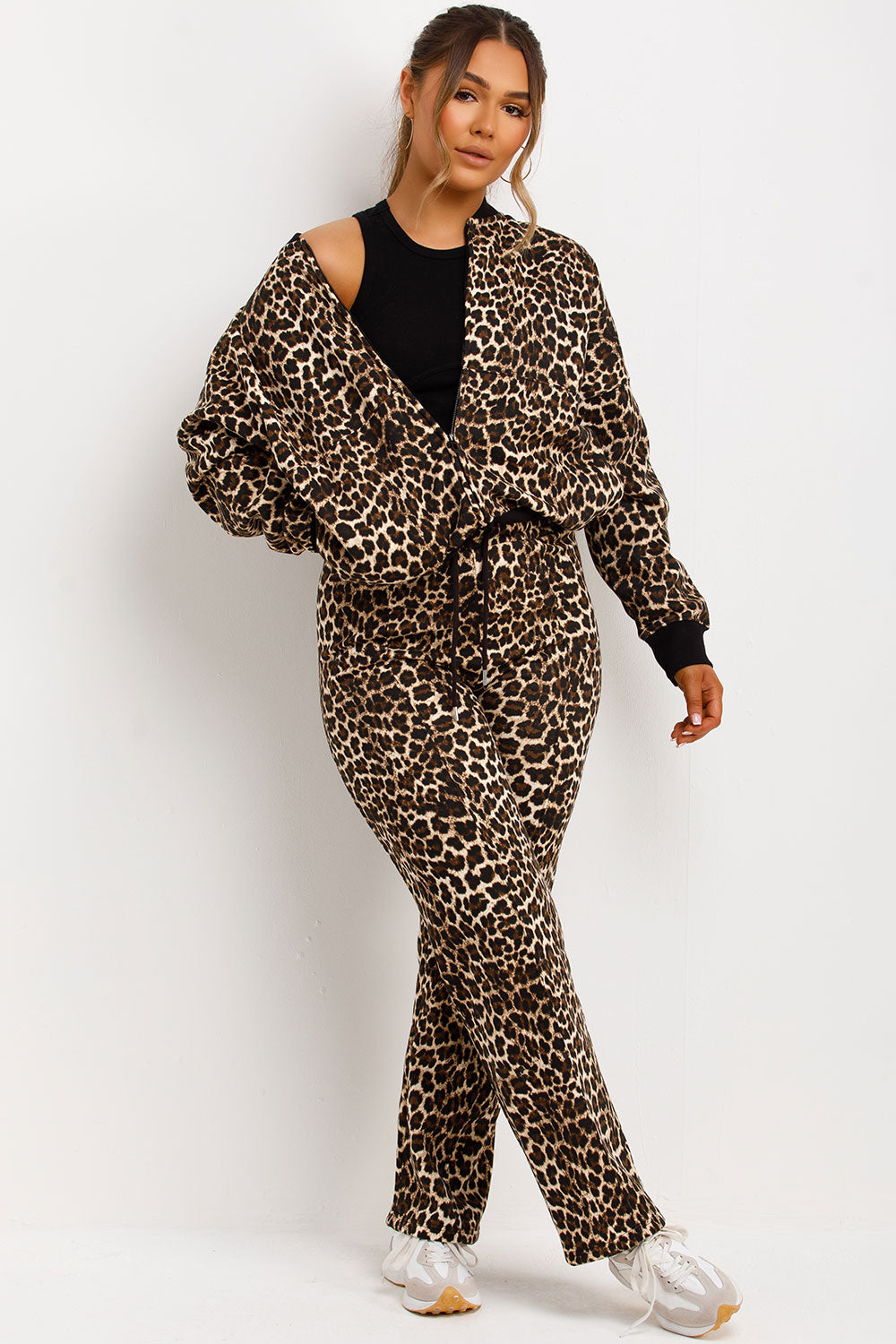zara womens leopard print bomber sweatshirt and straight leg joggers loungewear co ord set