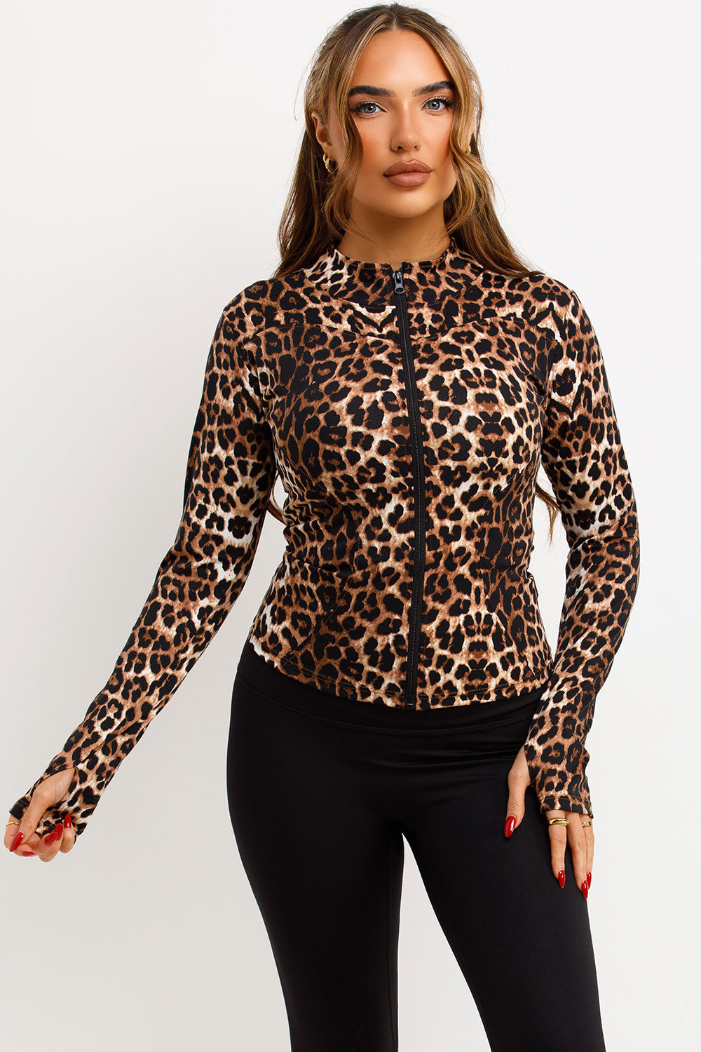 womens sculpt zip up sports jacket leopard print