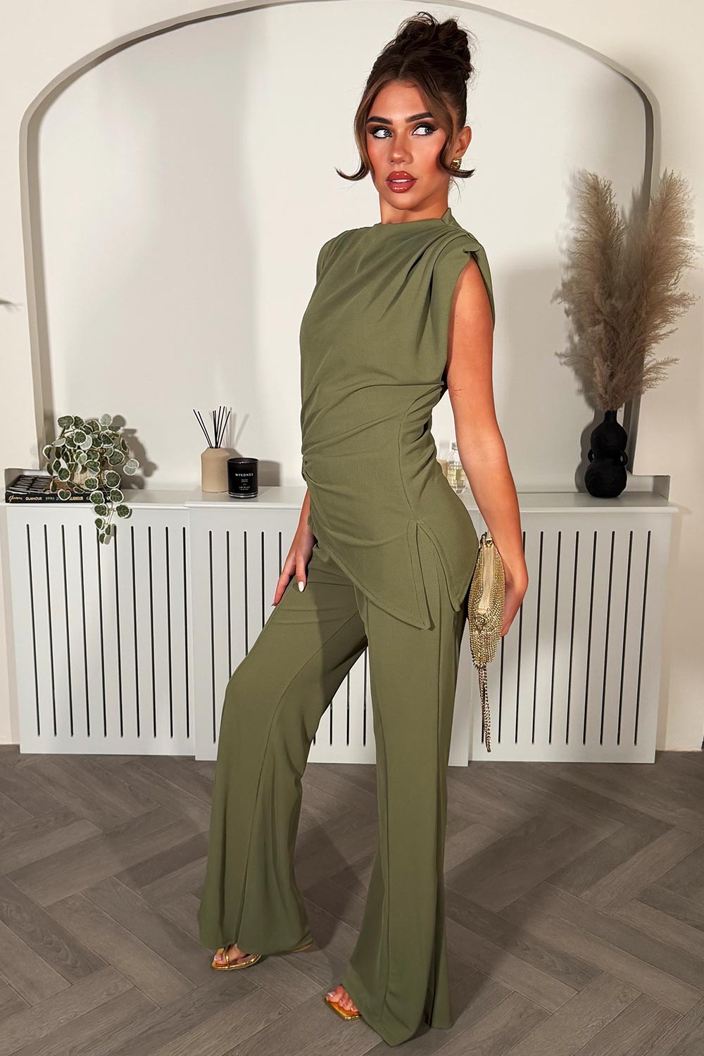 womens gold buckle top and wid eleg trousers two piece co ord going out occasion outfit for day or night styledup