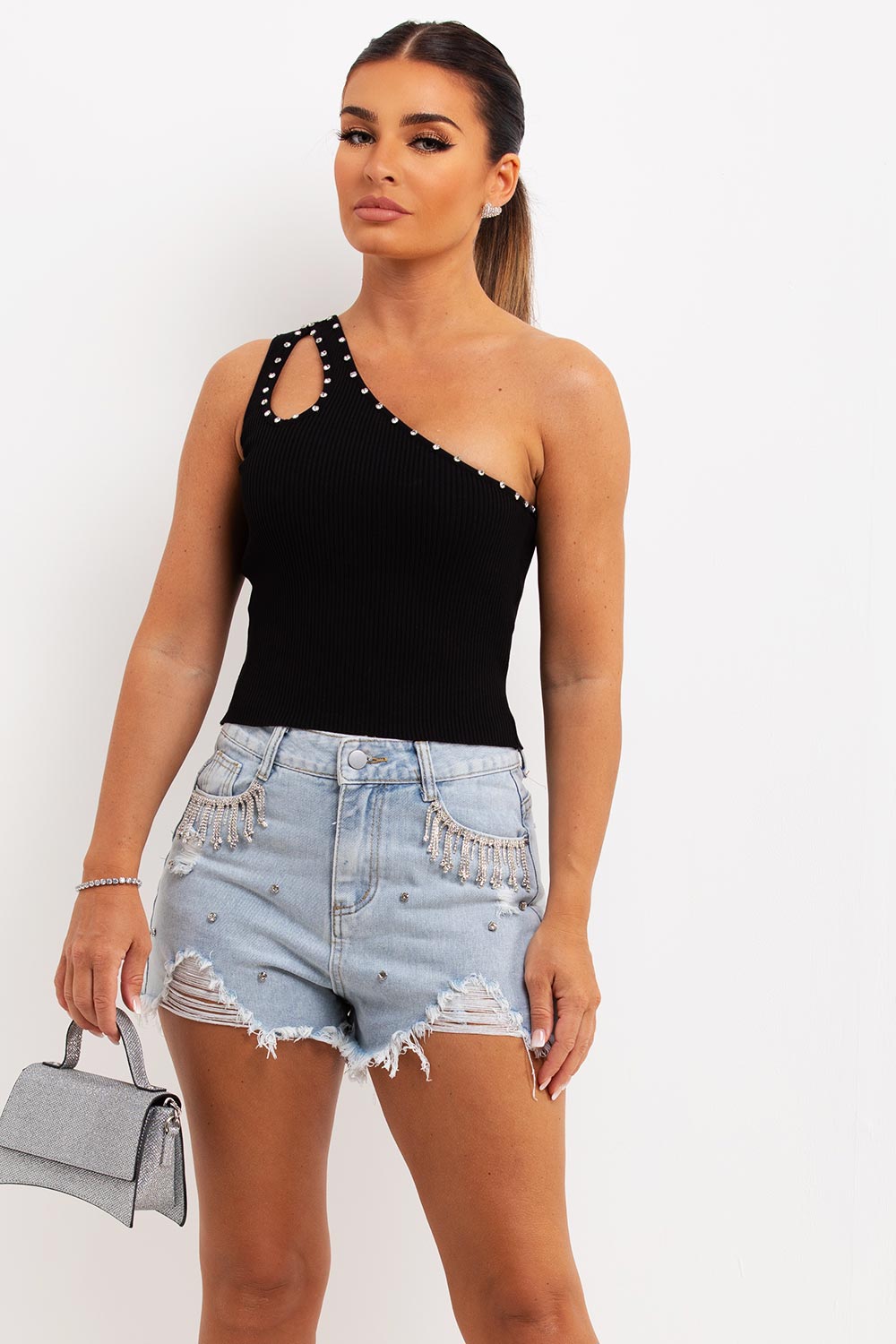 one shoulder top with diamante trim