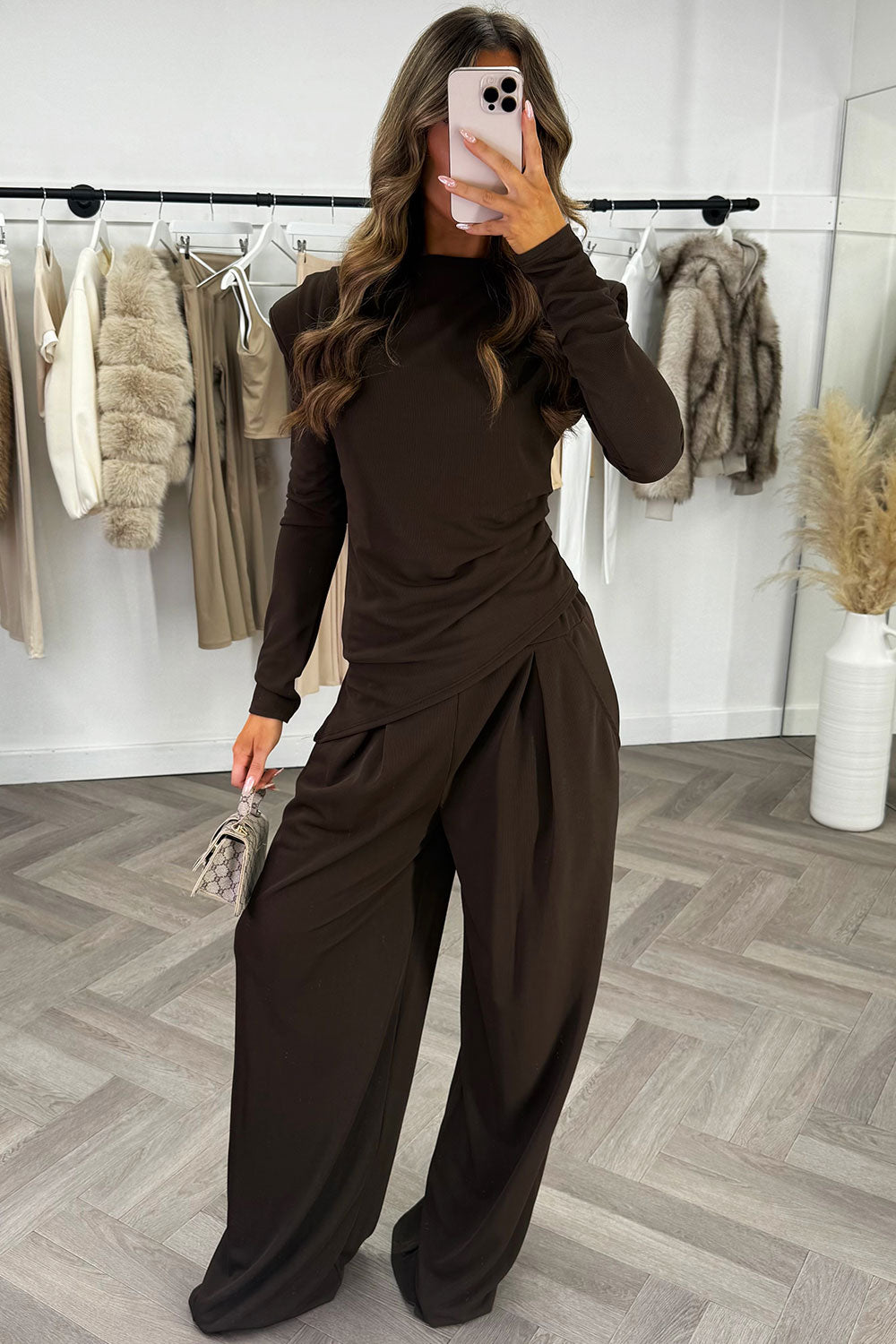 puff padded shoulder long sleeve top and trouser co ord set day to night outfit christmas clothes styledup
