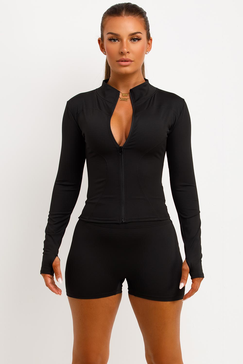 zip up sports jacket and scrunch bum gym shorts two piece set black