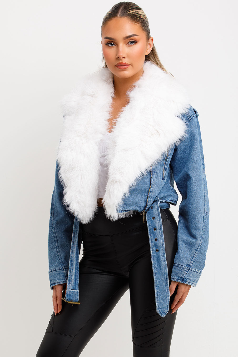 denim aviator jacket with faux fur collar styledup