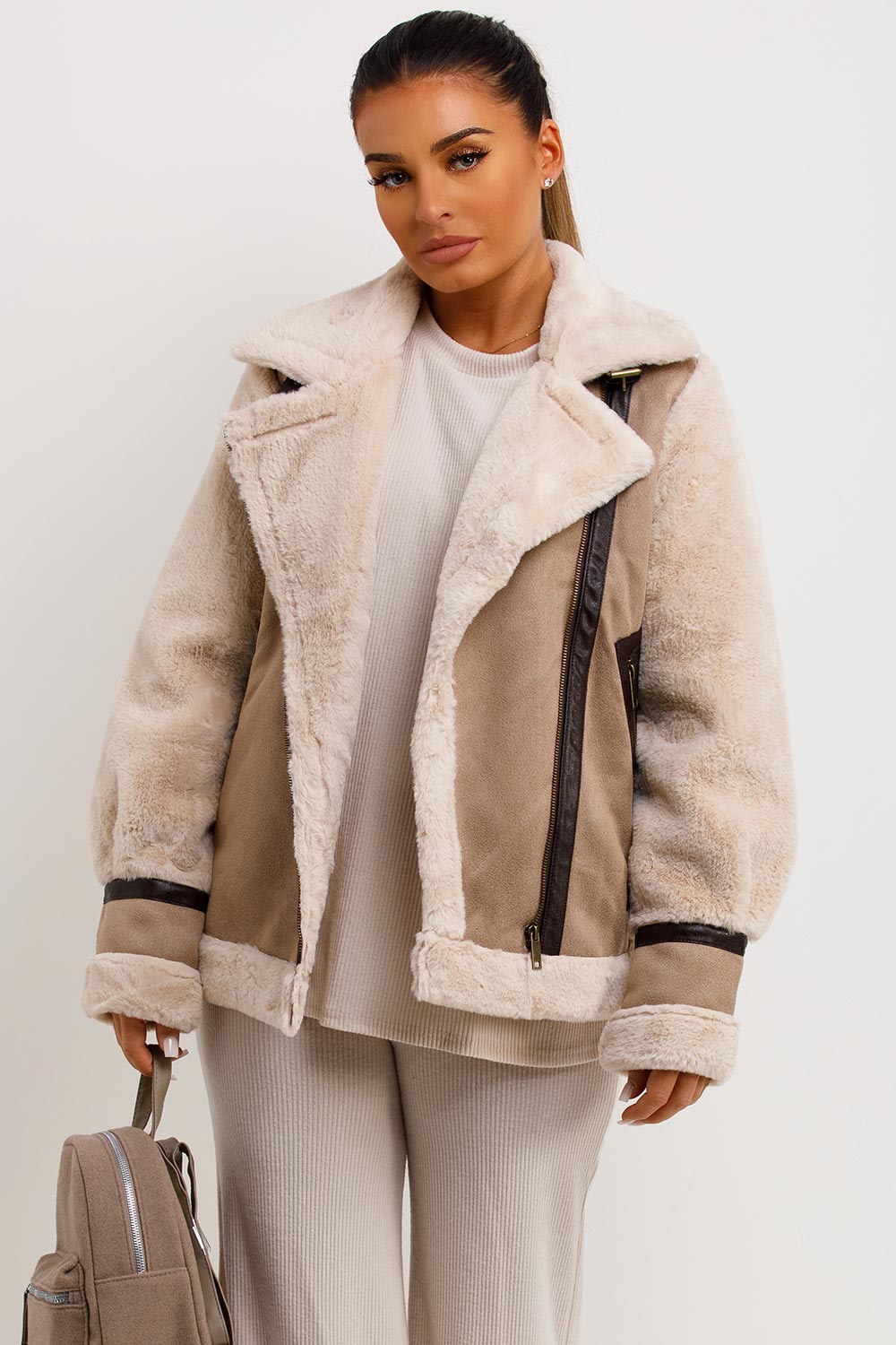 faux suede faux fur aviator jacket womens uk