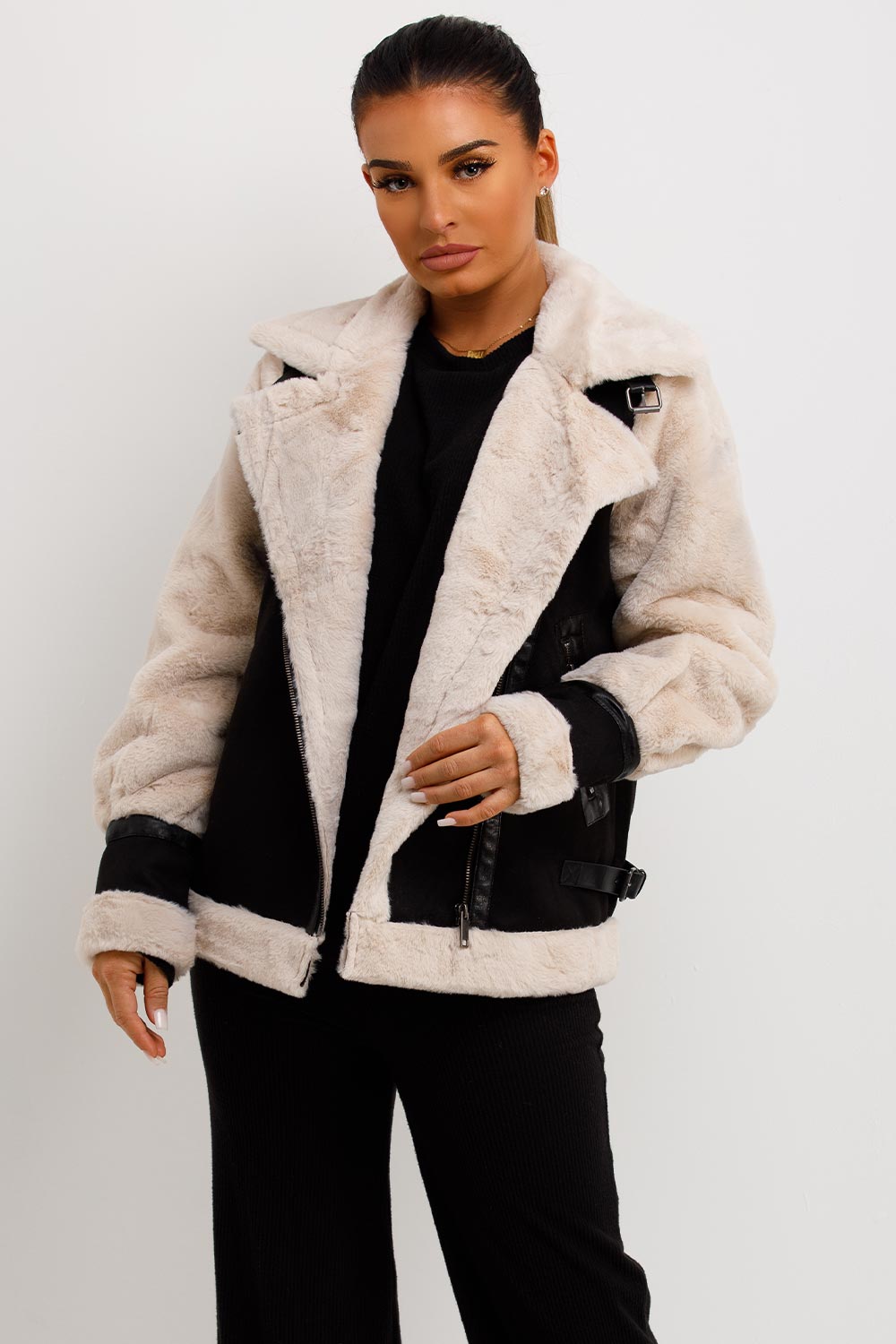 faux fur faux suede aviator jacket