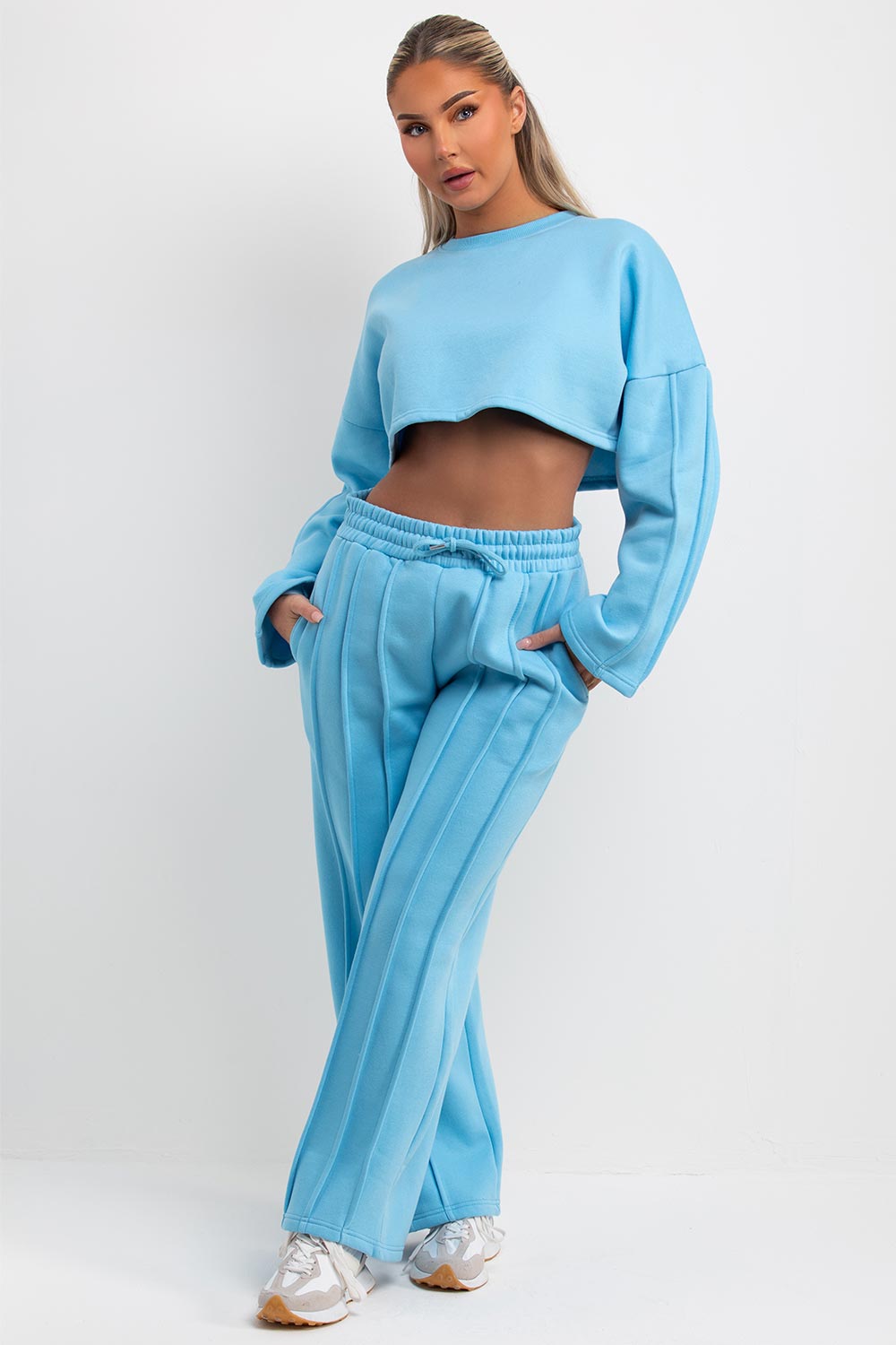 crop sweatshirt and seam detail straight leg joggers tracksuit co ord set sky blue