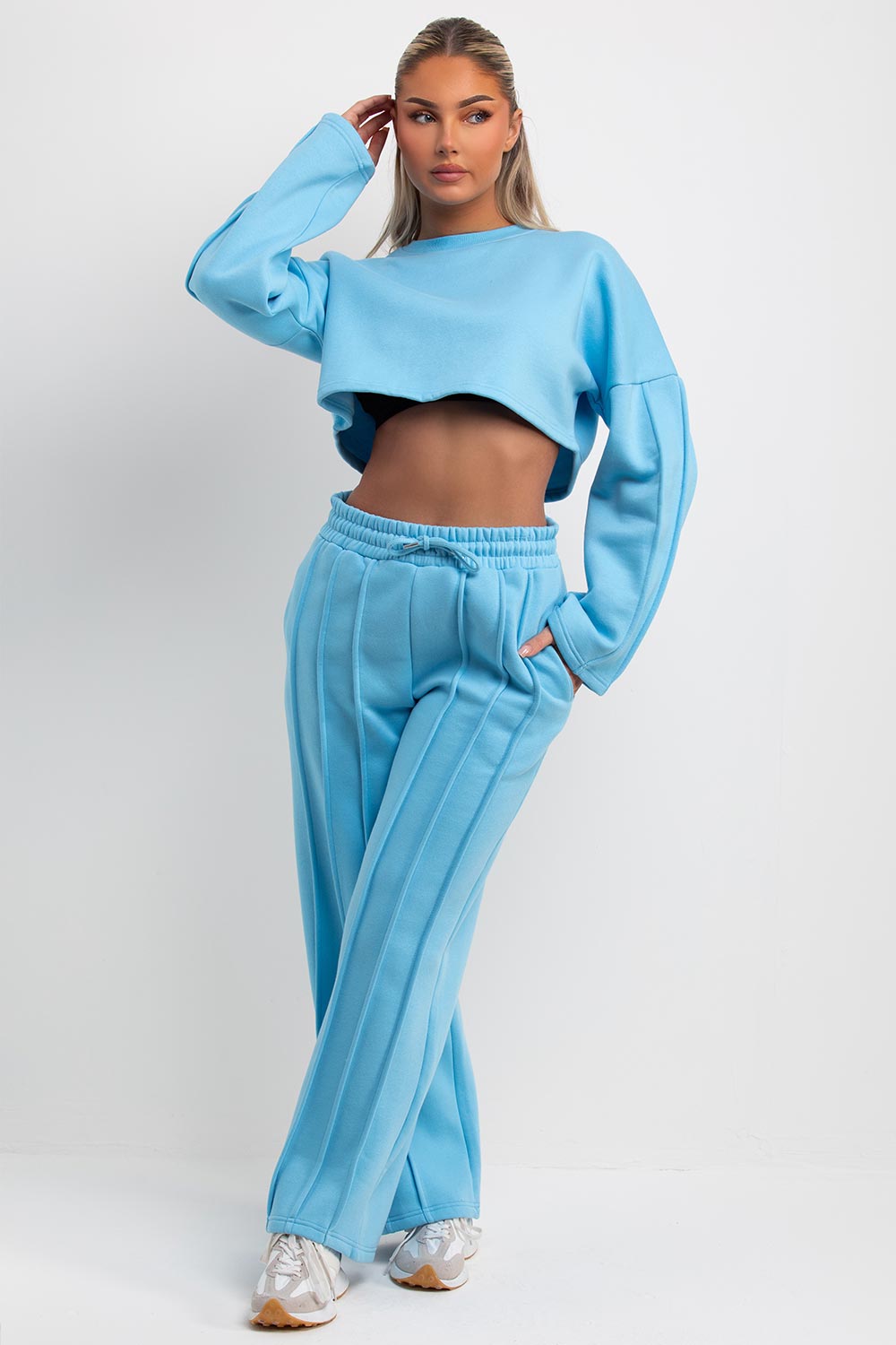sky blue seam joggers and sweatshirt tracksuit set