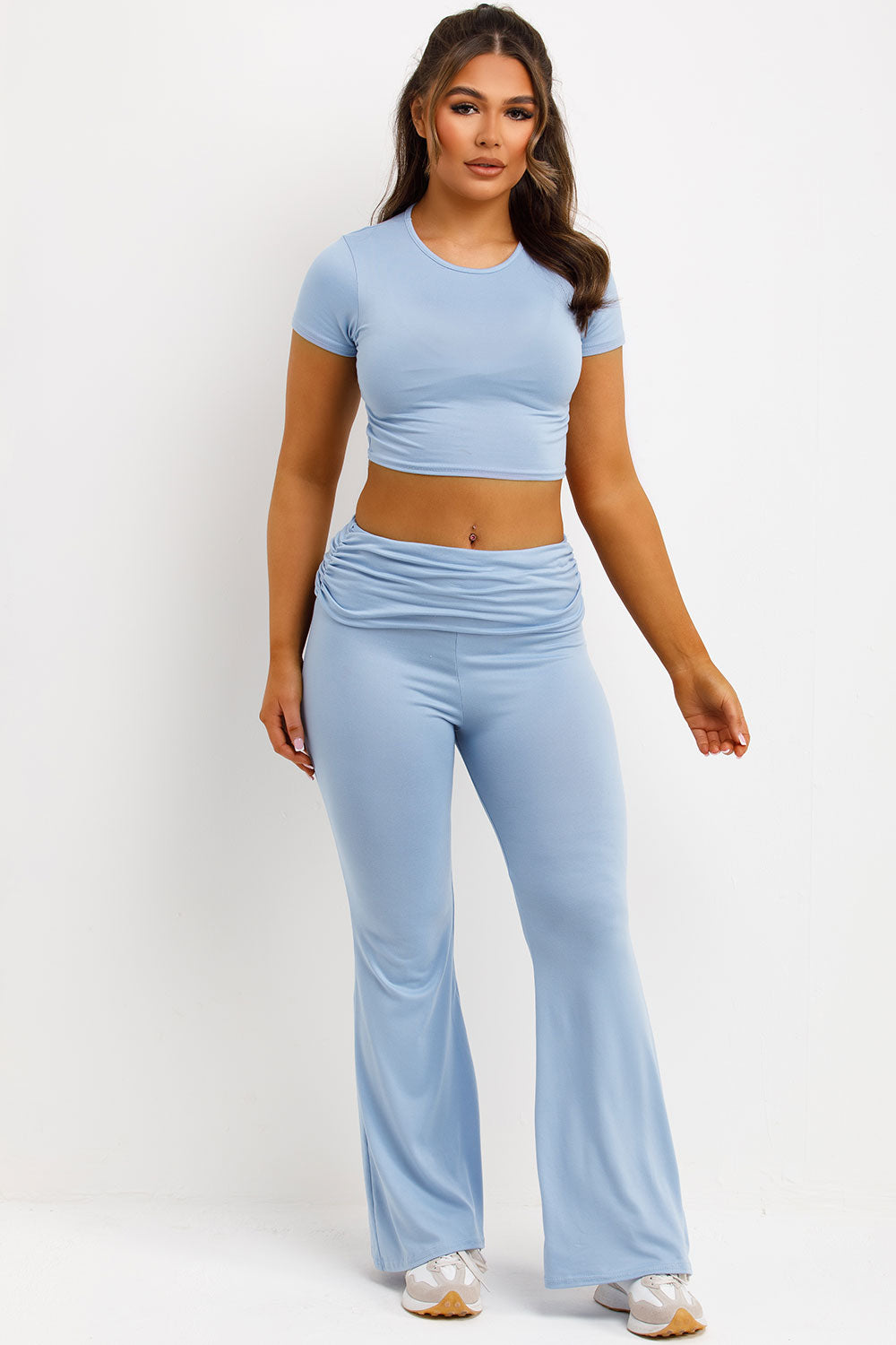 fold detail skinny flared trousers and crop top co ord set baby blue casual summer outfit womens