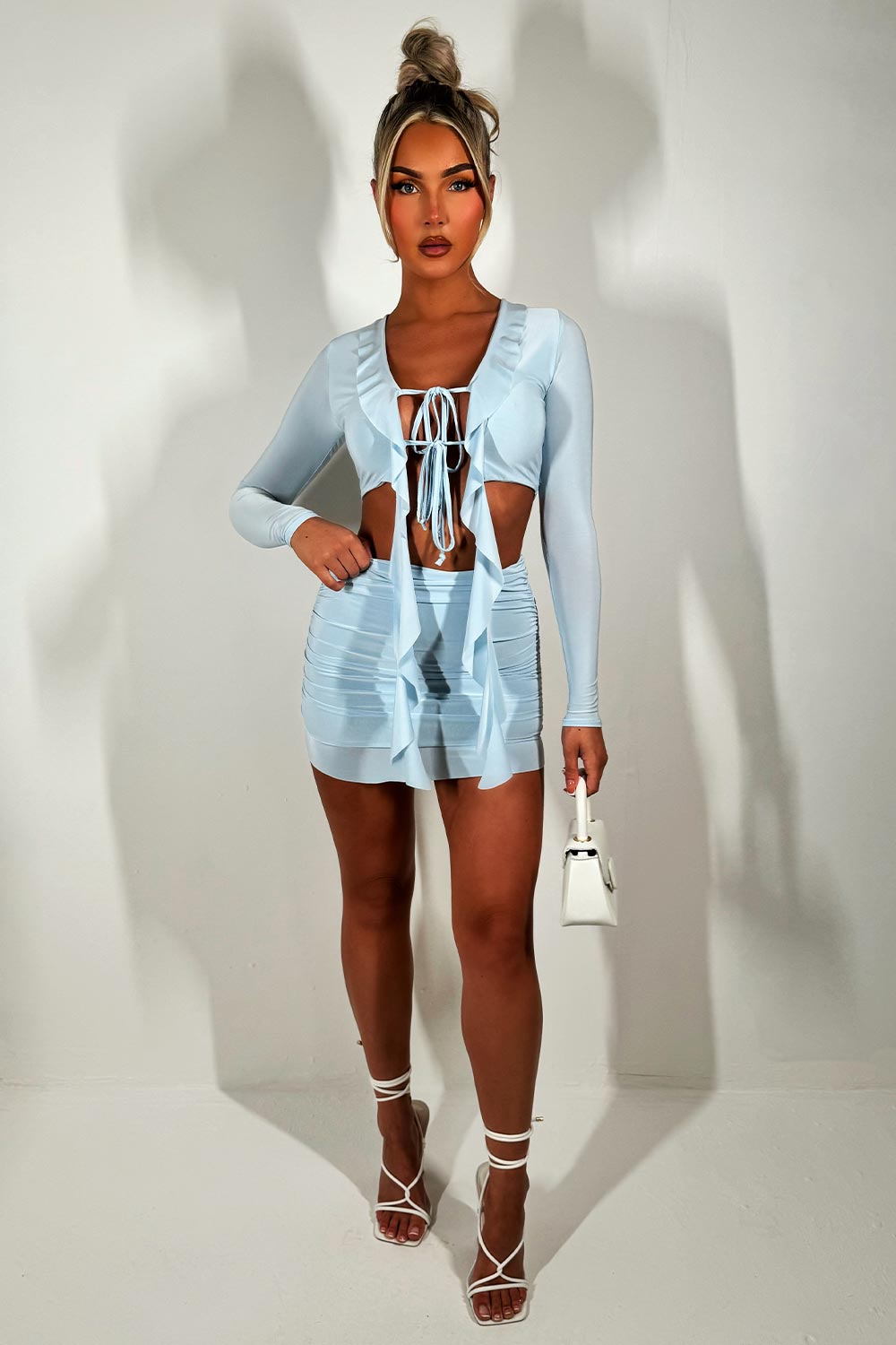 frilly tie front long sleeve crop top and mini skirt co ord set festival going out holiday outfit