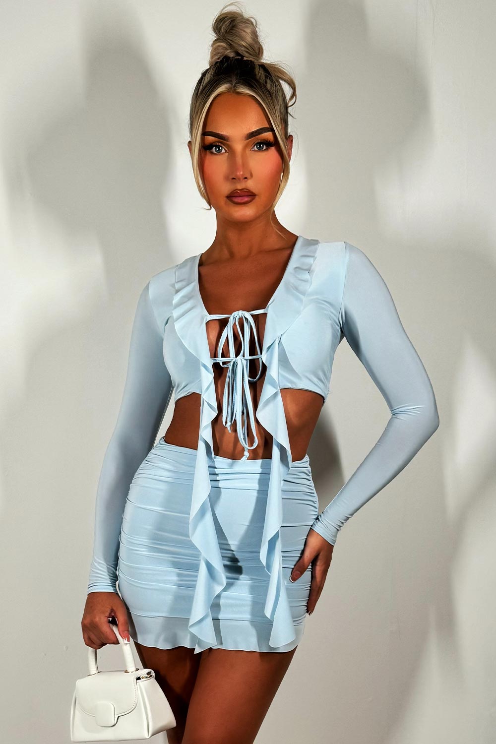 sky blue frill hem mini skirt and tie front long sleeve crop top co ord set festival going out holiday outfit