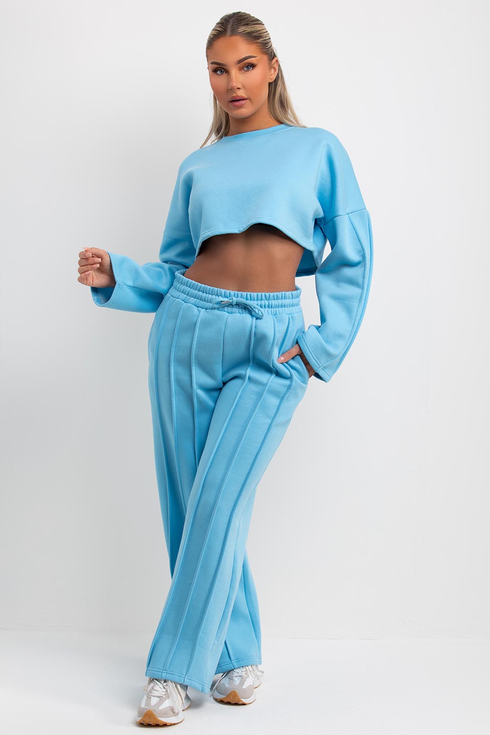 sky blue crop sweatshirt and seam detail straight leg joggers tracksuit co ord set