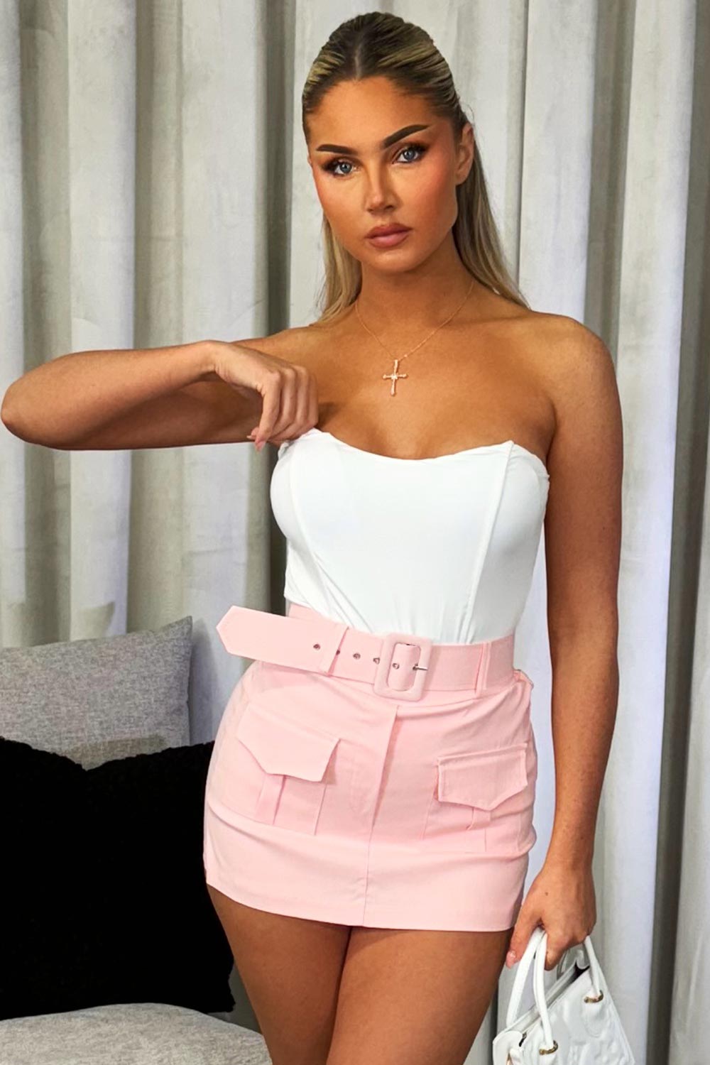 baby pink skorts with cargo pockets and belt