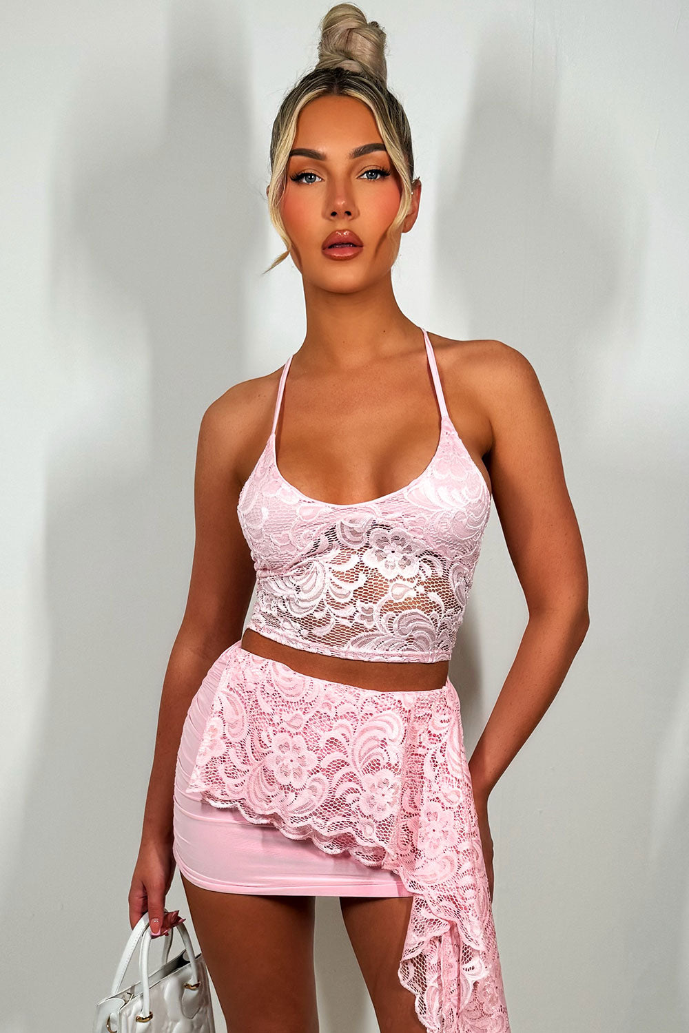 lace top and mini skirt co ord set with drape detail summer festival outfit pink