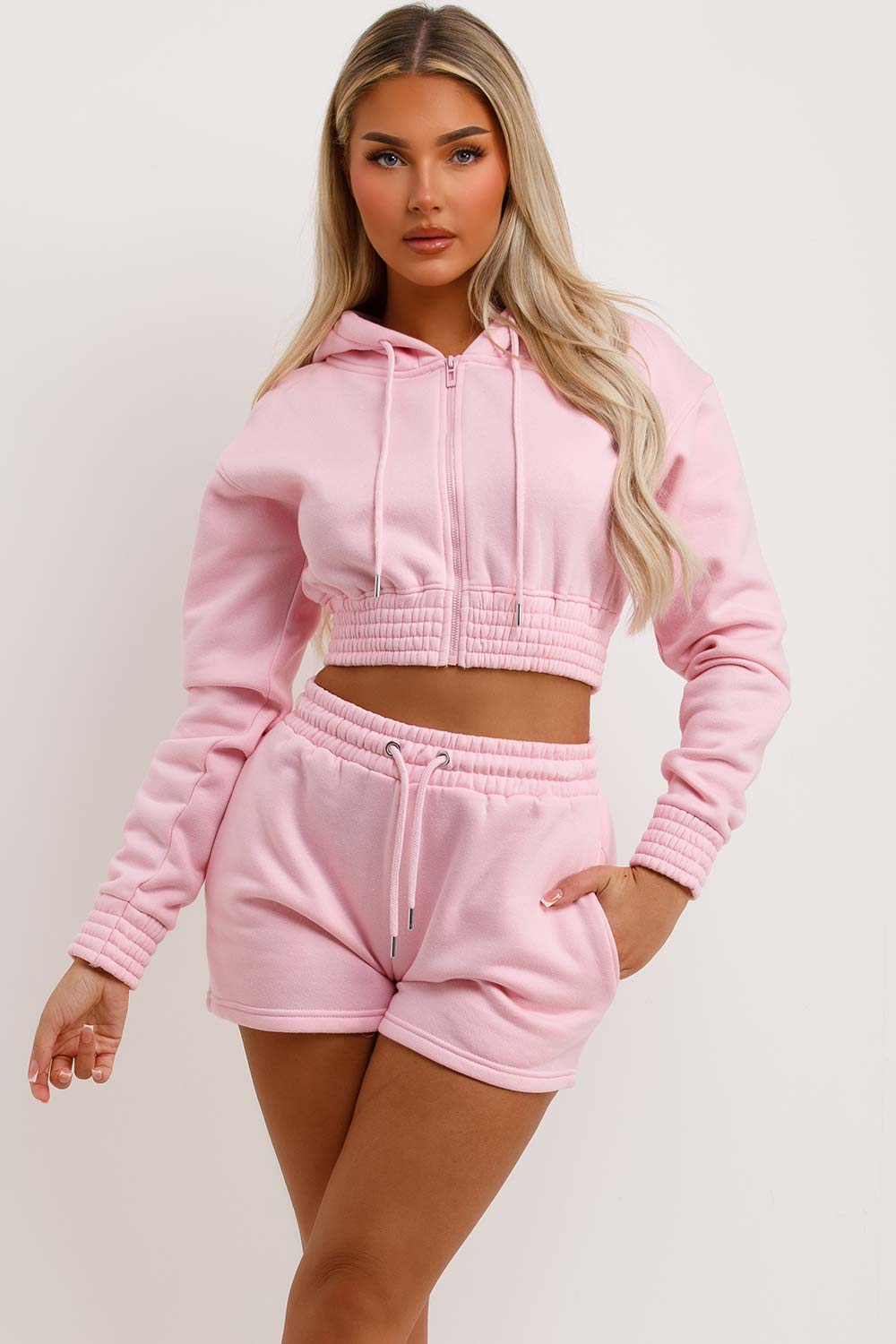 womens crop zip hoodie and shorts tracksuit co ord set summer pink loungewear