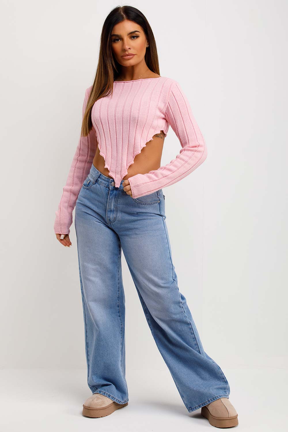 womens long sleeve crop knitted jumper with dip hem