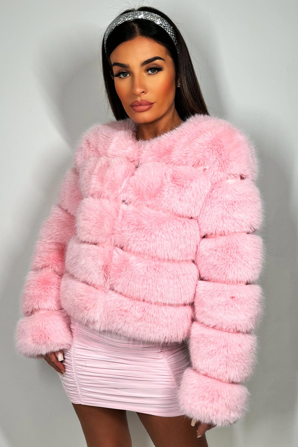 womens pink faux fur bubble coat sale uk