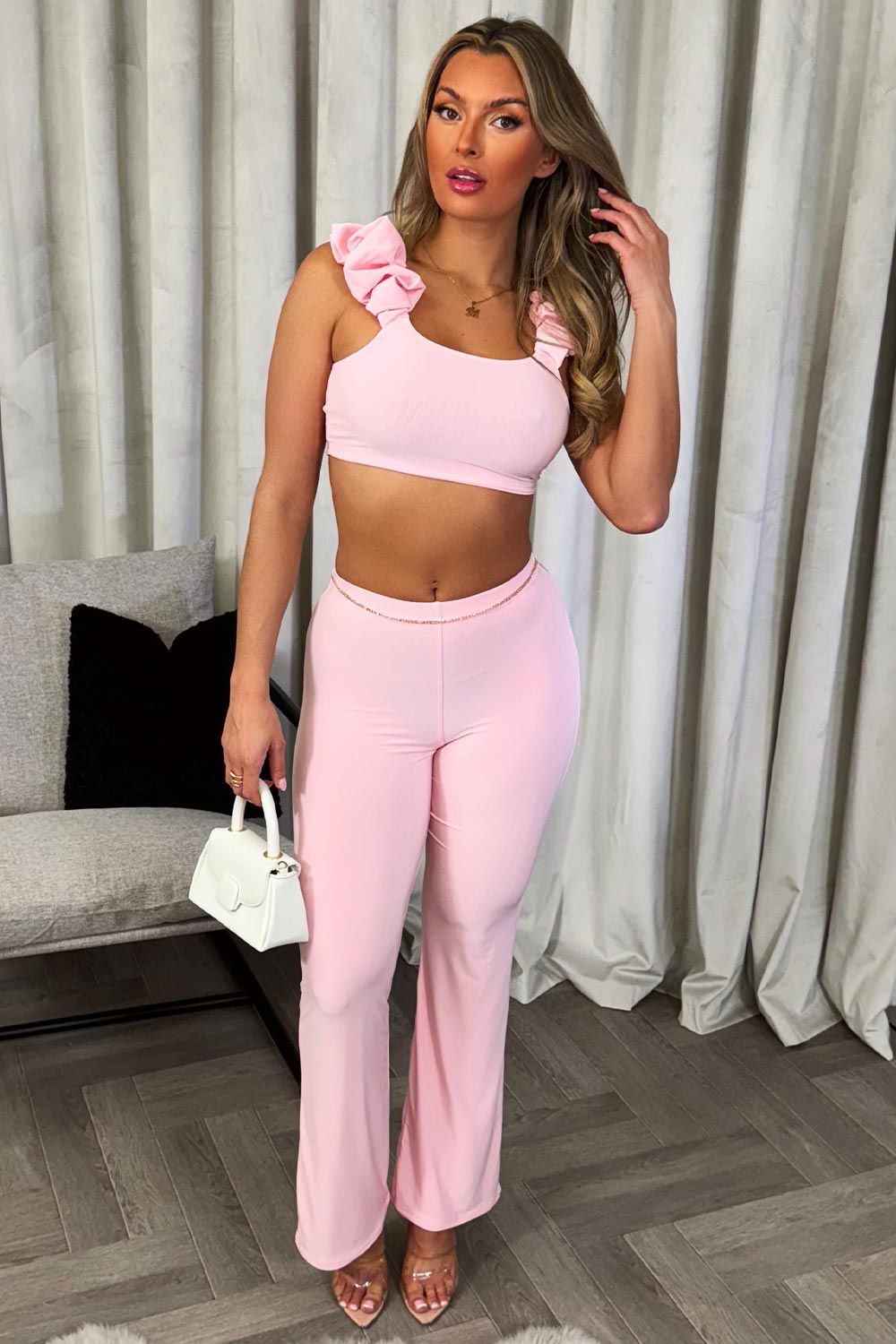 womens top and trousers two piece set with ruched gathered detail double lined going out party outfit