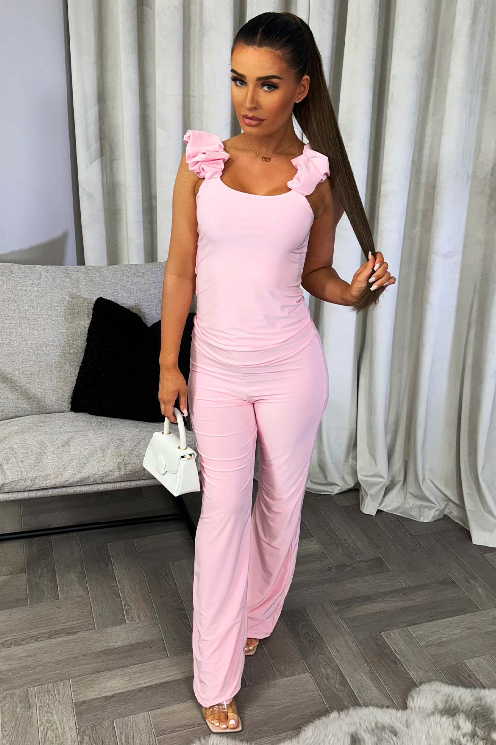 gathered sleeveless double lined top and straight leg trousers set