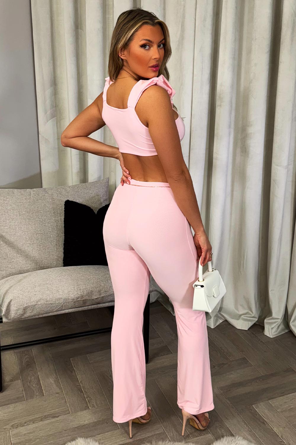 womens ruched gathered detail sleeveless top and straight leg trousers two piece set going out party outfit