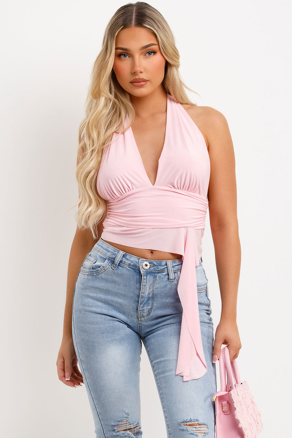 backless halter neck top with drape detail