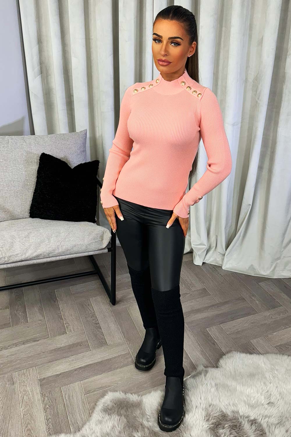 womens ribbed knitted jumper with gold buttons christmas going out new year outfit