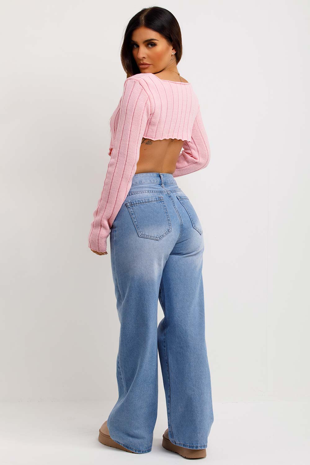 womens long sleeves dip hem crop knitted jumper