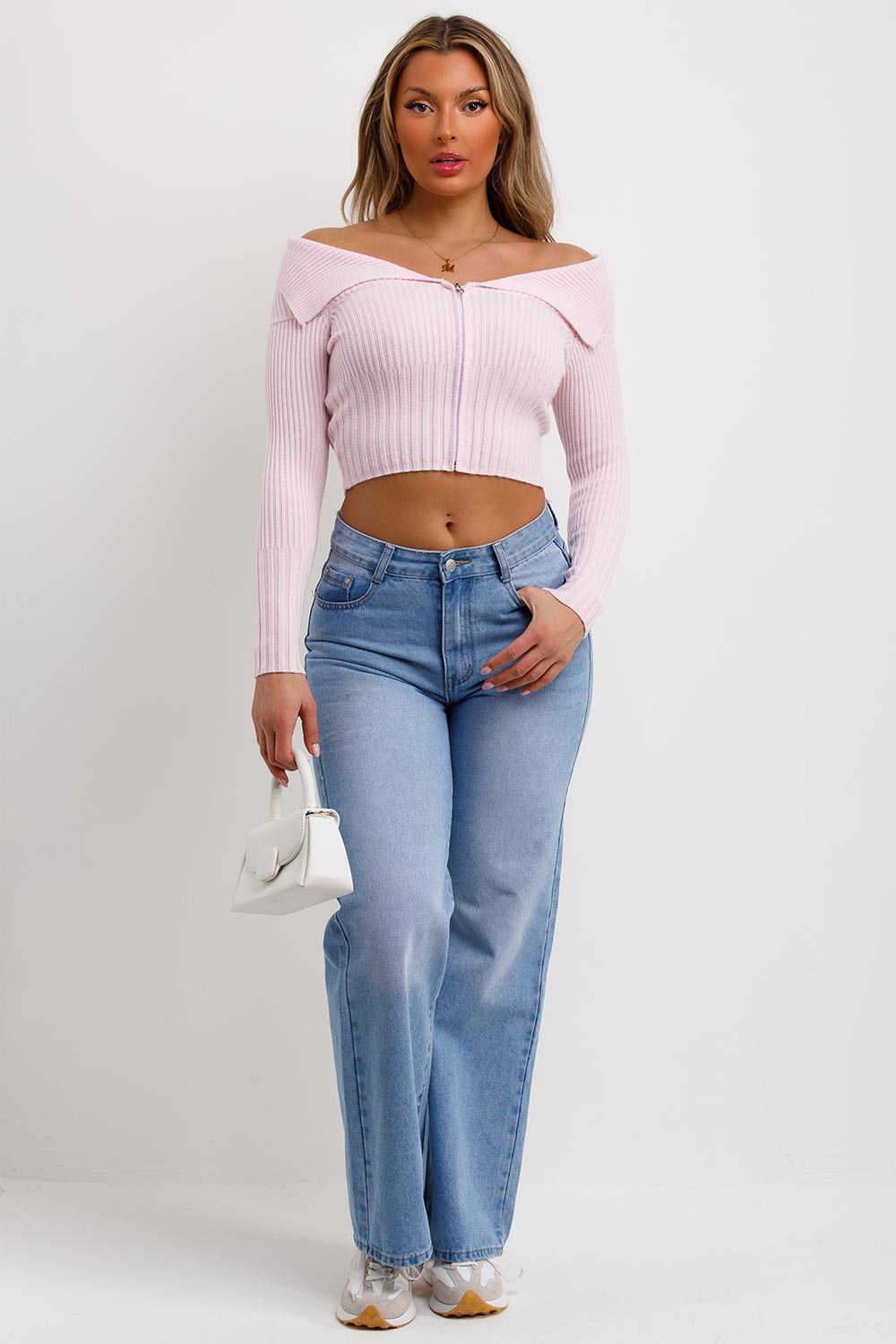 zip front off shoulder jumper
