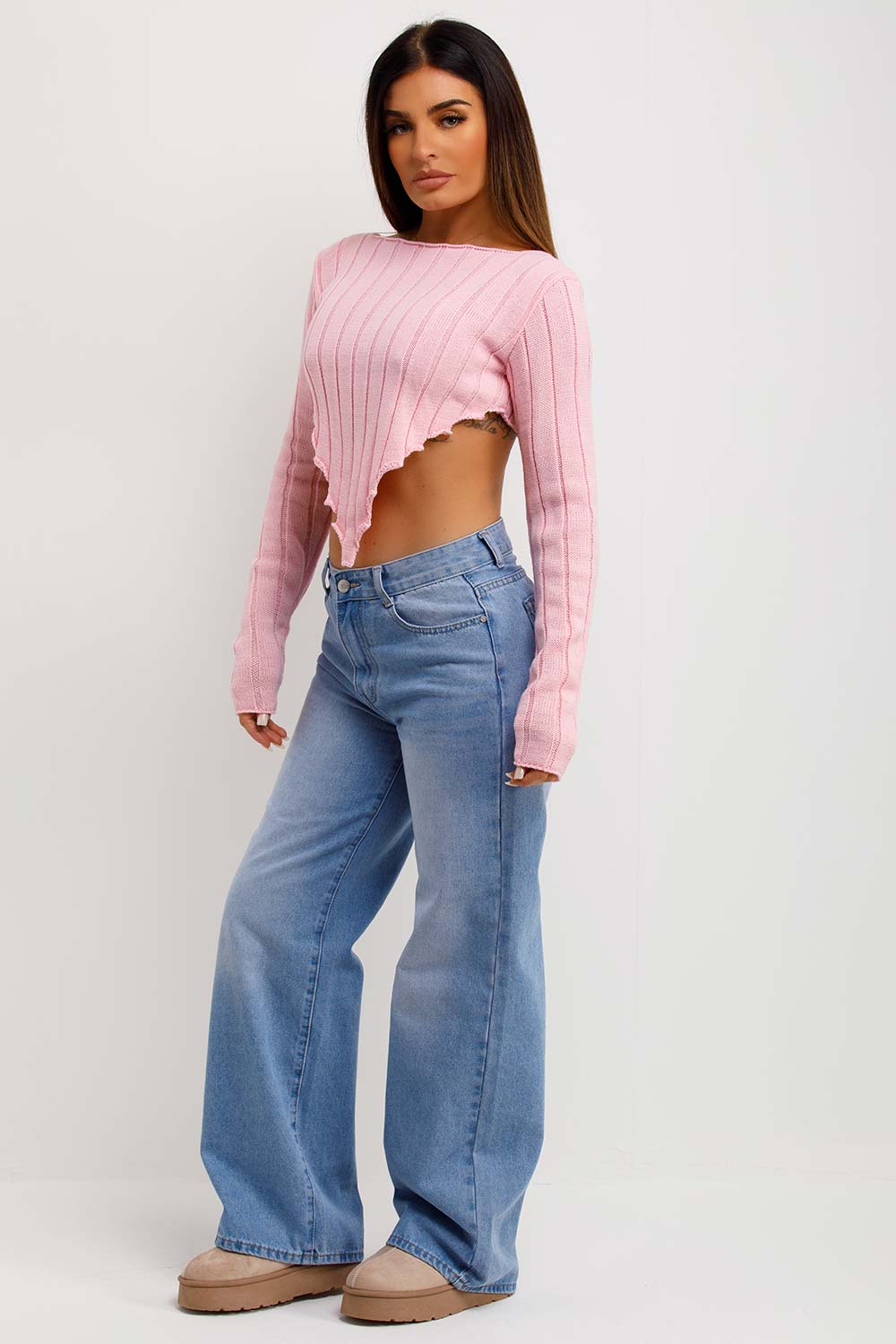 womens crop knitted jumper with dip hem and long sleeves